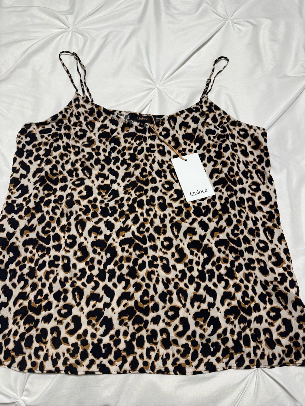 Quince Leopard Print Spaghetti Strap Cami in Tan/Black